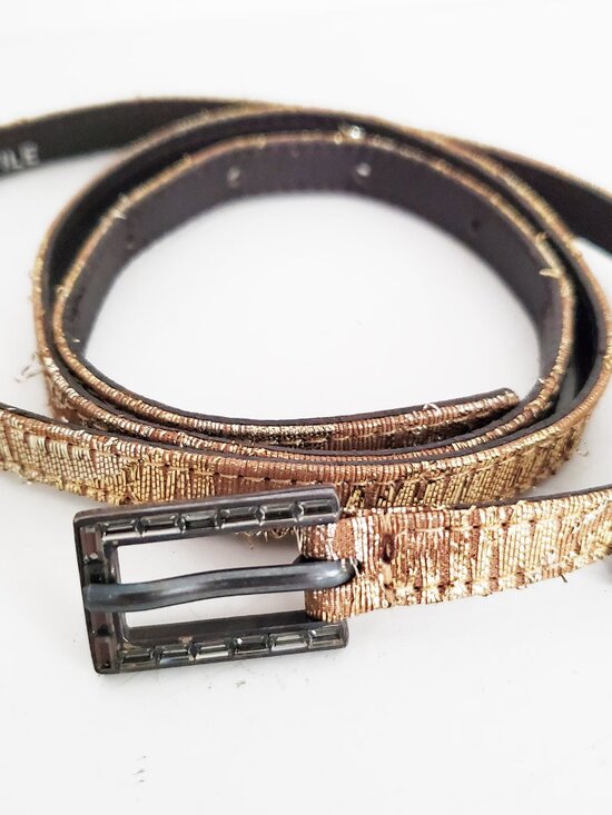 Lanvin Vintage Gold Lame Black Crystal Buckle Skinny Belt Small main image 5